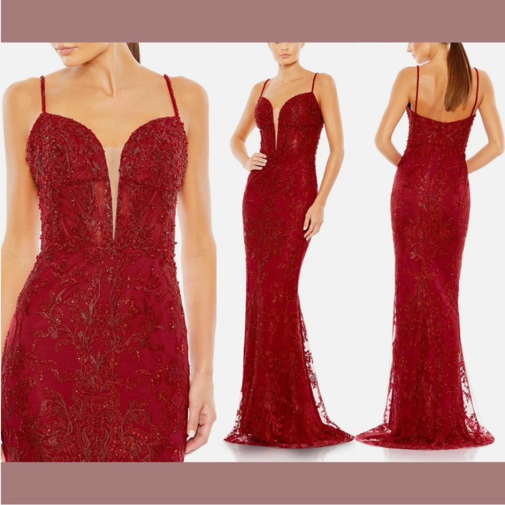 NWT$798 Mac Duggal [ 2 ] Embellished Plunge Neck Illusion Mermaid Gown Red #Q628